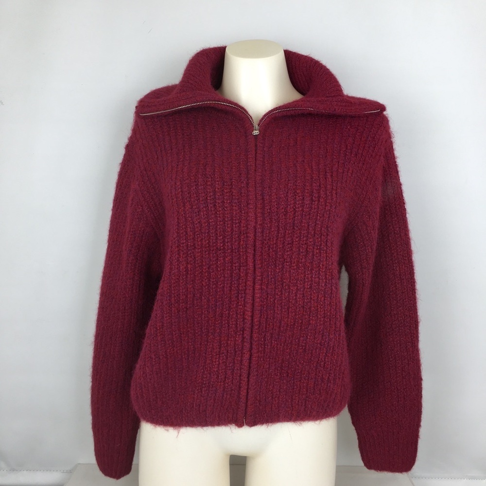 Zenana Zip Up Fuzzy Cardigan Sweater Oversized Collar Ribbed Knit Women’s Size M